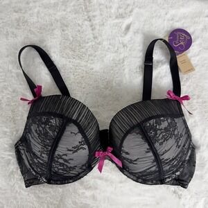 New Cacique Seriously Sexy Balconette Bra 38D Black Lace Pink‎ Bows Padded